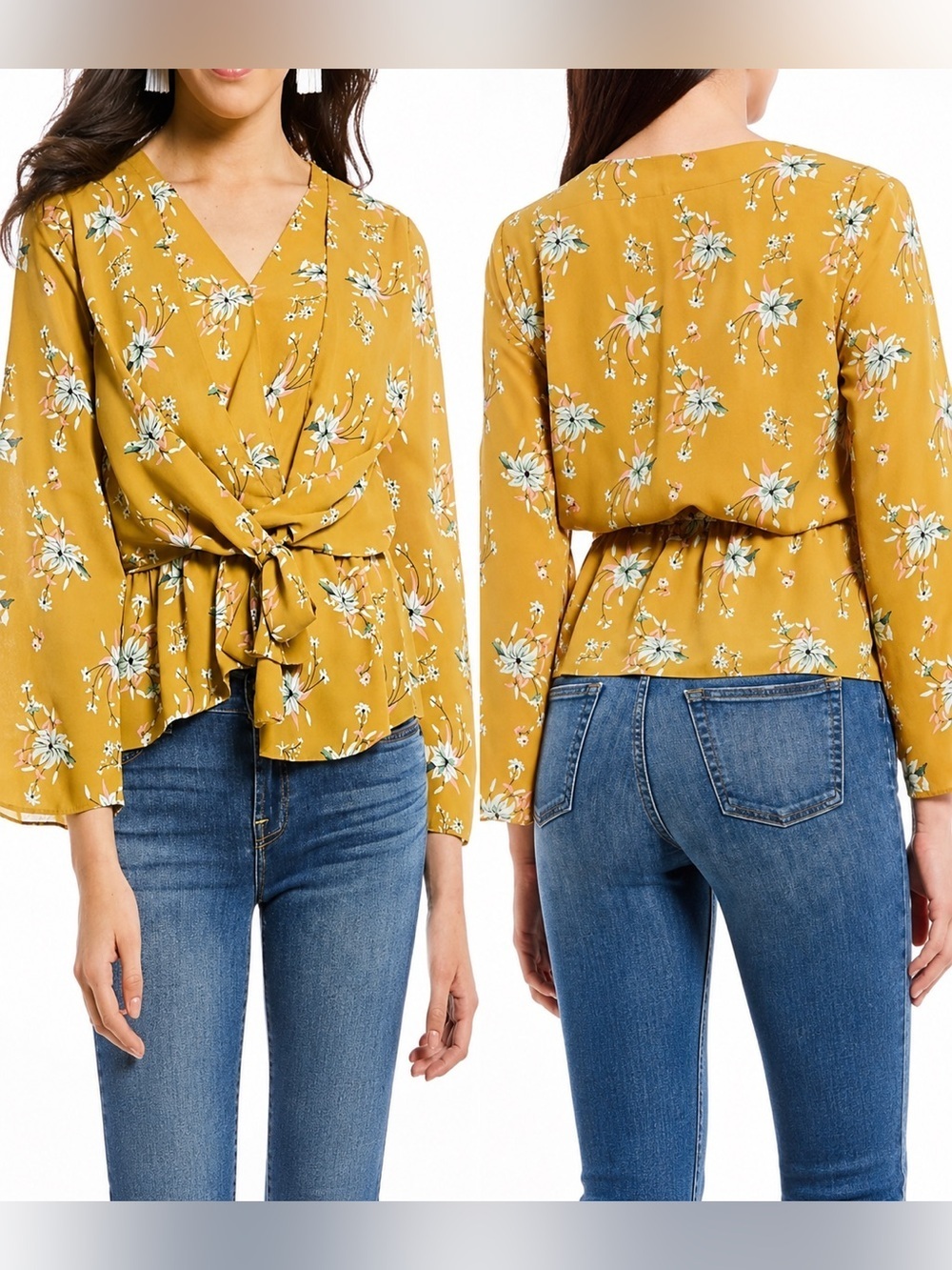 Skies Are Blue Yellow Floral Wrap Tie Front Blouse Sz Small Bell Sleeve Boho Top